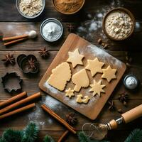 plano deitar do cozinhando caseiro Natal cozimento ingredientes ou Pão de gengibre biscoitos colocada em mesa conceito de ai gerado foto