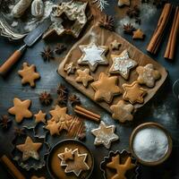 plano deitar do cozinhando caseiro Natal cozimento ingredientes ou Pão de gengibre biscoitos colocada em mesa conceito de ai gerado foto