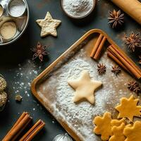 plano deitar do cozinhando caseiro Natal cozimento ingredientes ou Pão de gengibre biscoitos colocada em mesa conceito de ai gerado foto