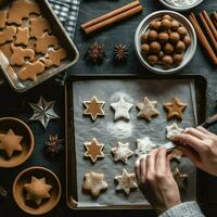 plano deitar do cozinhando caseiro Natal cozimento ingredientes ou Pão de gengibre biscoitos colocada em mesa conceito de ai gerado foto