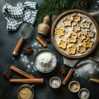 plano deitar do cozinhando caseiro Natal cozimento ingredientes ou Pão de gengibre biscoitos colocada em mesa conceito de ai gerado foto