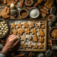 plano deitar do cozinhando caseiro Natal cozimento ingredientes ou Pão de gengibre biscoitos colocada em mesa conceito de ai gerado foto