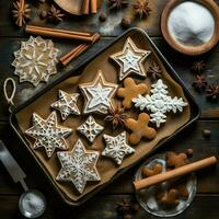 plano deitar do cozinhando caseiro Natal cozimento ingredientes ou Pão de gengibre biscoitos colocada em mesa conceito de ai gerado foto