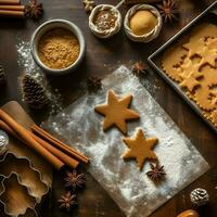 plano deitar do cozinhando caseiro Natal cozimento ingredientes ou Pão de gengibre biscoitos colocada em mesa conceito de ai gerado foto