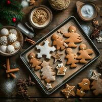 plano deitar do cozinhando caseiro Natal cozimento ingredientes ou Pão de gengibre biscoitos colocada em mesa conceito de ai gerado foto