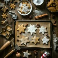 plano deitar do cozinhando caseiro Natal cozimento ingredientes ou Pão de gengibre biscoitos colocada em mesa conceito de ai gerado foto