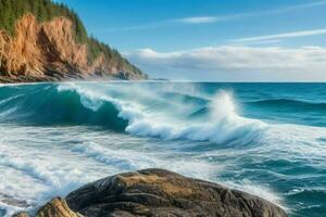 ai gerado mar ondas batendo pedras em uma lindo de praia. pró foto