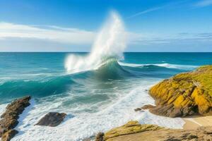 ai gerado mar ondas batendo pedras em uma lindo de praia. pró foto