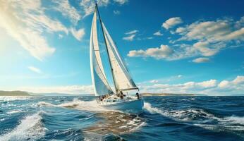 ai gerado Navegando barco a vela dentro a oceano foto