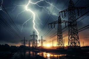ai gerado imagem do intenso aguaceiro, tempestade com relâmpago e sombrio céu acima elétrico torres.por generativo ai foto