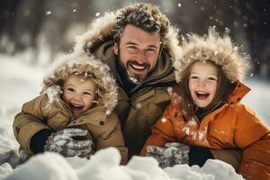 ai gerado família tendo Diversão dentro neve com dois crianças foto