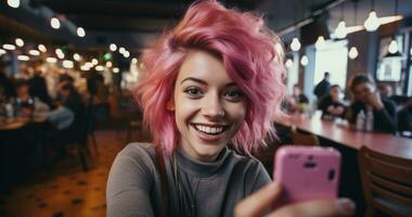 ai gerado menina com Rosa cabelo segurando Smartphone levando uma selfie às restaurante foto