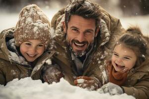 ai gerado família tendo Diversão dentro neve com dois crianças foto