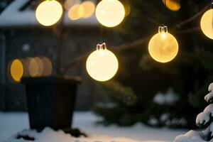 ai gerado Natal fundo. Natal luzes brilho brilhantemente com decorações e enfeites foto