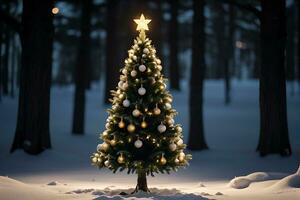 ai gerado Natal fundo. Natal árvore com cintilante luzes às noite foto