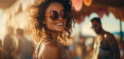 ai gerado uma mulheres é sorridente enquanto vestindo oculos de sol às uma Boate foto