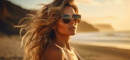 ai gerado uma menina vestindo oculos de sol sentado em a de praia e olhando às a Câmera foto