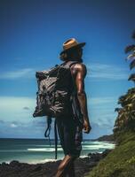 ai gerado uma fotografia do viajante ou mochileiro dentro a de praia com uma muitos estilo e muitos ângulo foto