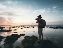 ai gerado uma fotografia do viajante ou mochileiro dentro a de praia com uma muitos estilo e muitos ângulo foto