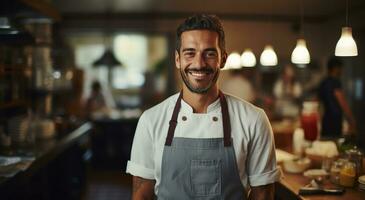 ai gerado uma retrato do uma chefe de cozinha em pé dentro a cozinha foto