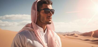 ai gerado jovem saudita masculino dentro a deserto foto