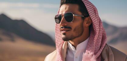 ai gerado jovem saudita masculino dentro a deserto foto