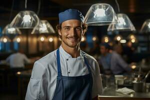 ai gerado uma sorridente chefe de cozinha posando dentro uma restaurante cozinha foto