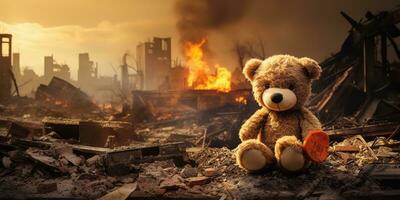 ai gerado crianças Urso de pelúcia Urso brinquedo sobre cidade queimado destruição do a conseqüência guerra conflito foto