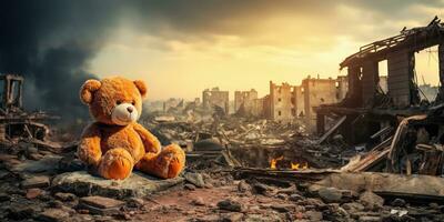 ai gerado crianças Urso de pelúcia Urso brinquedo sobre cidade queimado destruição do a conseqüência guerra conflito foto