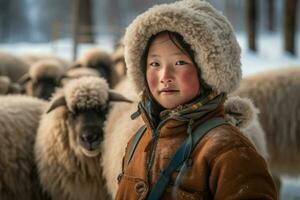 ai gerado mongol menina ao ar livre retrato com ovelhas. gerar ai foto