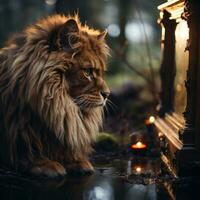 ai gerado leão dentro quarto realista animal olhando para dentro espelho às noite com luz lâmpada generativo ai foto
