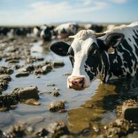 ai gerado boi e vaca realista imagem, bebendo água dentro praia, Preto e branco, com vidro generativo ai foto