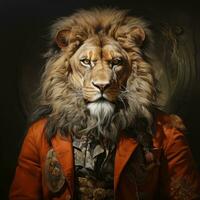 ai gerado realista animal imagem uma leão dentro homem terno olhando às Câmera às noite dentro pintura casaco generativo ai foto