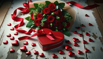 ai gerado sincero surpresas chocolates e rosas dentro em forma de coração caixa foto