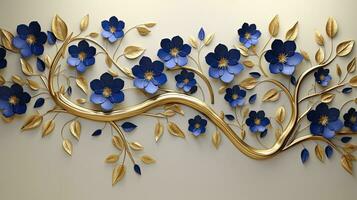 ai gerado elegante ouro e real azul floral árvore com folhas e flores suspensão galhos ilustração fundo. ai gerado. foto