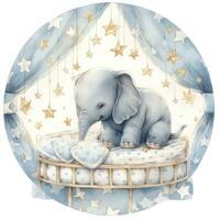 ai gerado a elefante em uma cama com estrelas e cobertores por aí a círculo. ai gerado foto