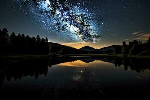 ai gerado leitoso caminho refletido em lago. ai gerado foto