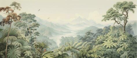 ai gerado vintage aguarela mural. australiano panorama representando tropical floresta cenas com animais no meio a árvores, capturando a essência do velho ilustrações dentro uma ampla escala obra de arte. foto