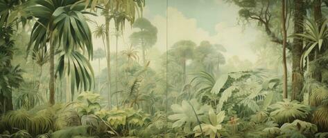 ai gerado desconhecido trópicos mural representação do uma tropical floresta dentro a 18º século ilustração estilo, infundido com a Eterno beleza do aguarela arte. foto