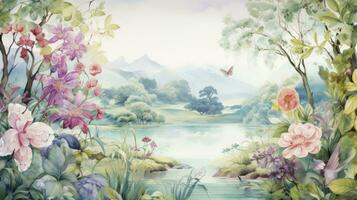 ai gerado papel de parede apresentando uma aguarela pintura do uma floresta panorama com uma sereno lago, florescente plantas, imponente árvores, elegante rosas, gracioso pássaros, e intrigante insetos. foto