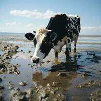 ai gerado de praia cena realista boi bebendo água, Preto e branco vaca, olhando às Câmera generativo ai foto