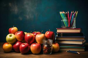 ai gerado colagem cena realista escola imagem com livros maçãs lápis generativo ai foto