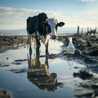 ai gerado bebendo água dentro de praia realista boi foto, lindo Preto e branco vaca generativo ai foto