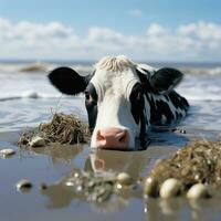 ai gerado vaca imagem bebendo água dentro praia, lindo Preto e branco vaca generativo ai foto