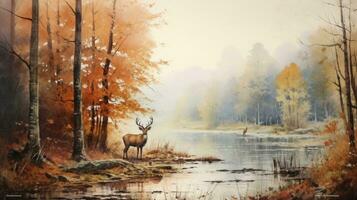 ai gerado outono serenidade vintage aguarela pintura do uma floresta, com árvores e animais selvagens de uma rio lago, apresentando gracioso veado dentro uma Eterno panorama. foto