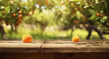 ai gerado de madeira mesa dentro a laranja Pomar foto