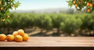 ai gerado de madeira mesa dentro a laranja Pomar foto