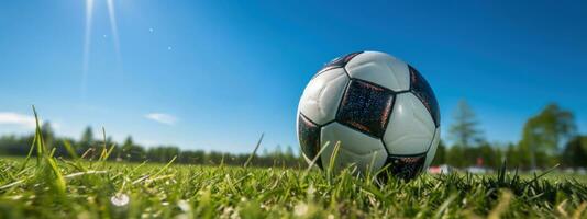 ai gerado futebol bola com goleiro em gramíneo campo foto