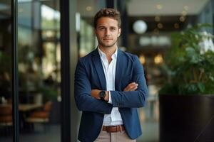 ai gerado retrato do uma sorridente homem de negocios dentro a ambiente de trabalho. foto