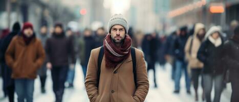 ai gerado homem caminhando baixa a rua cercado de pessoas dentro inverno vestuário foto